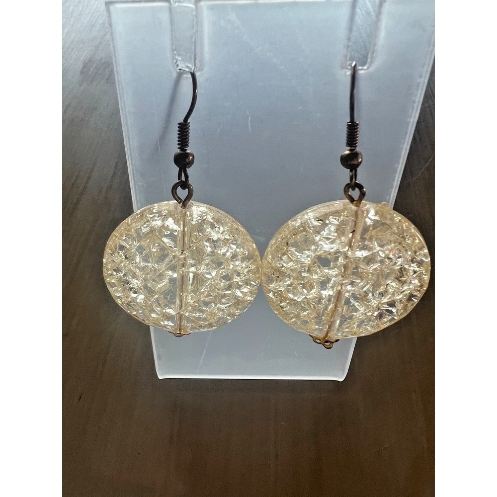 Vintage Crackle Lucite Dangle Earrings Clear Faceted Retro Statement Jewelry 70s